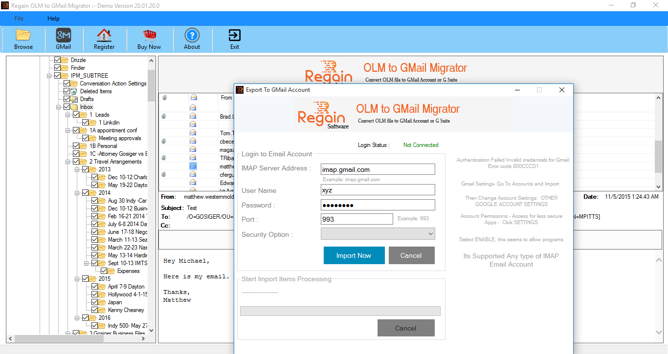 screenshot of Regain OLM to Gmail Migrator